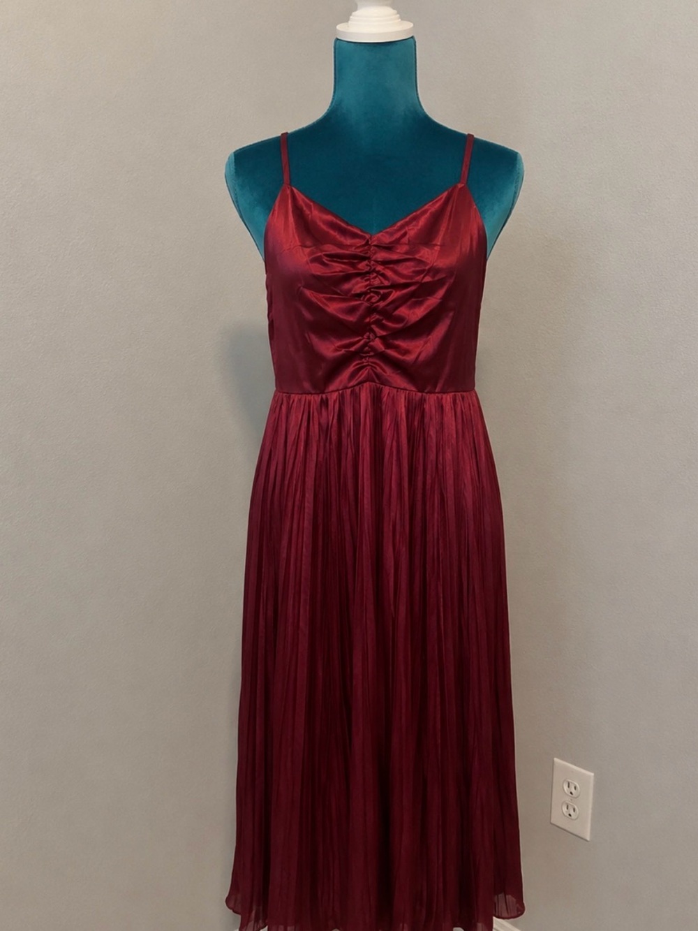 Ruched Satin Burgundy Strapless Midi Dress